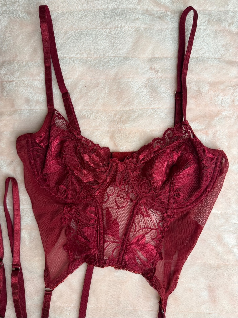 Sheer Lace Longline Bralette with Garter Straps - Burgundy